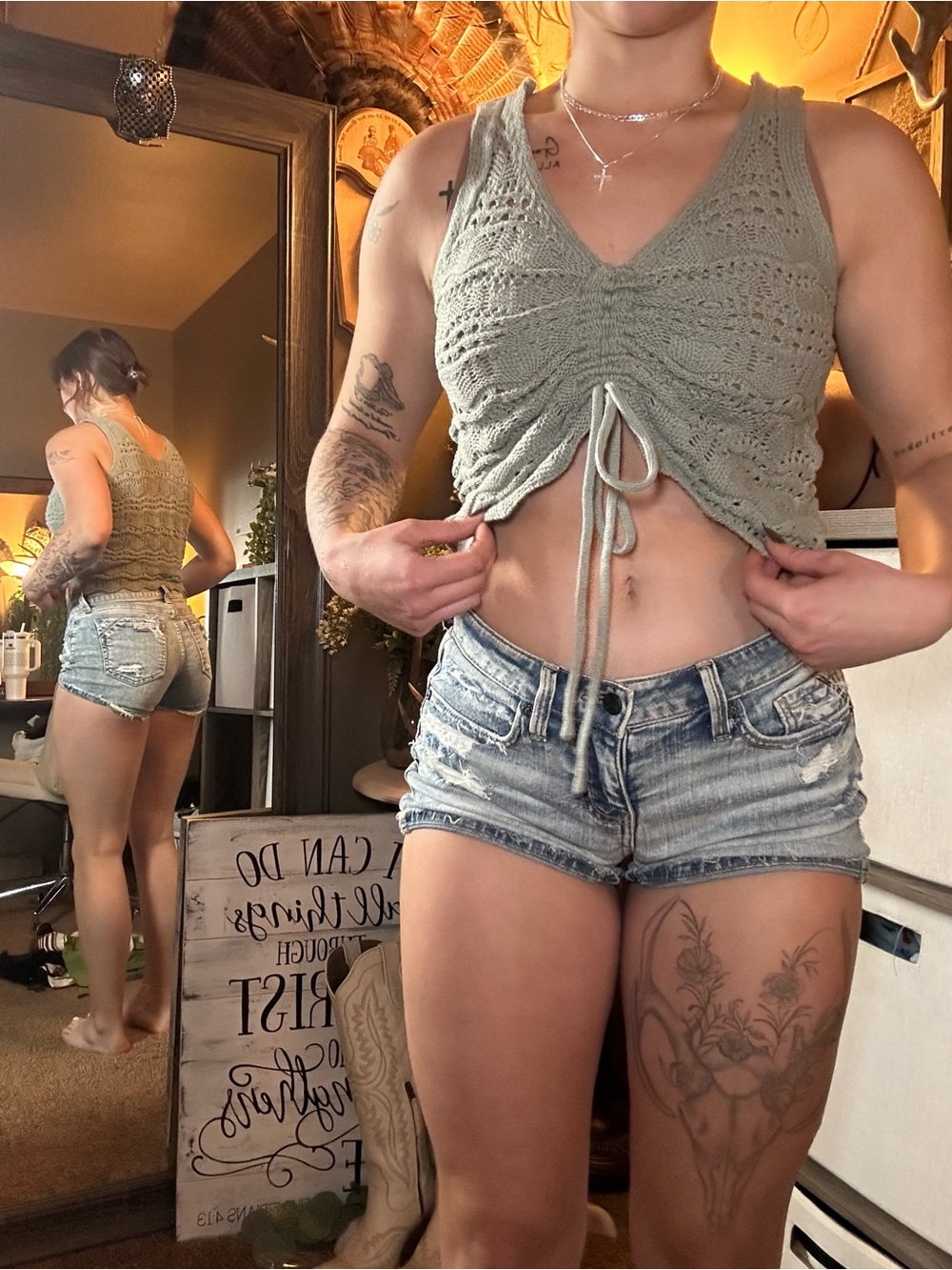 Jessica Simpson Olive Crochet Drawstring V-Neck Tank